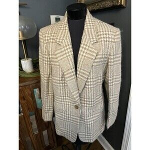 Pendleton 1980’s Wool Plaid Blazer Jacket Women's Cream Tan Metal Threads 10 80s